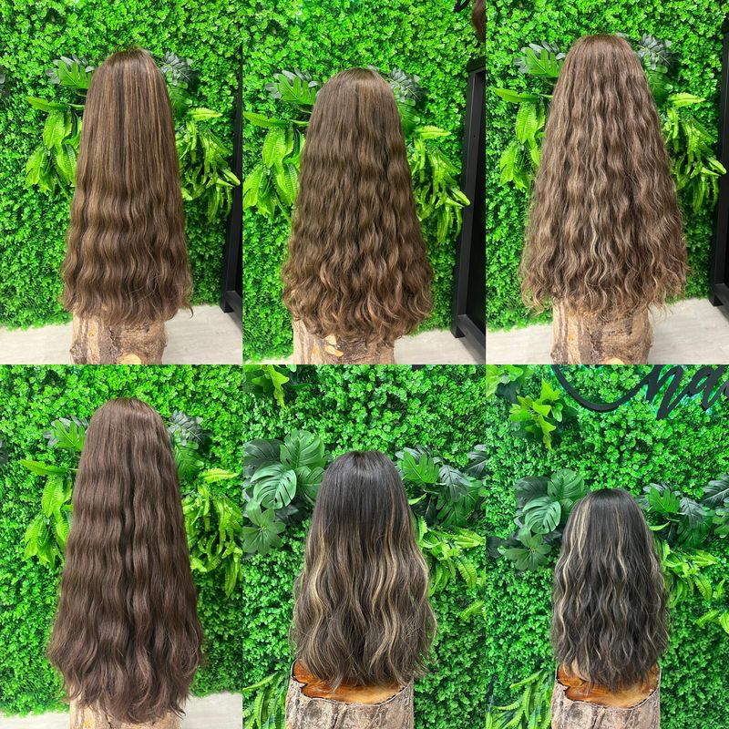Six wig examples showing different densities and textures, from straight to curly