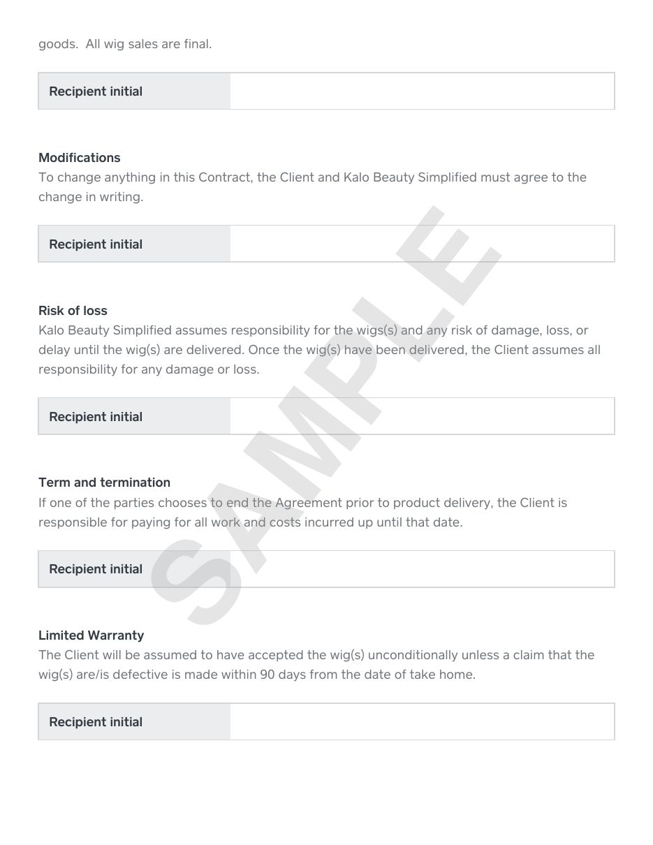 Wig Purchase Agreement sample, page 2 of 3